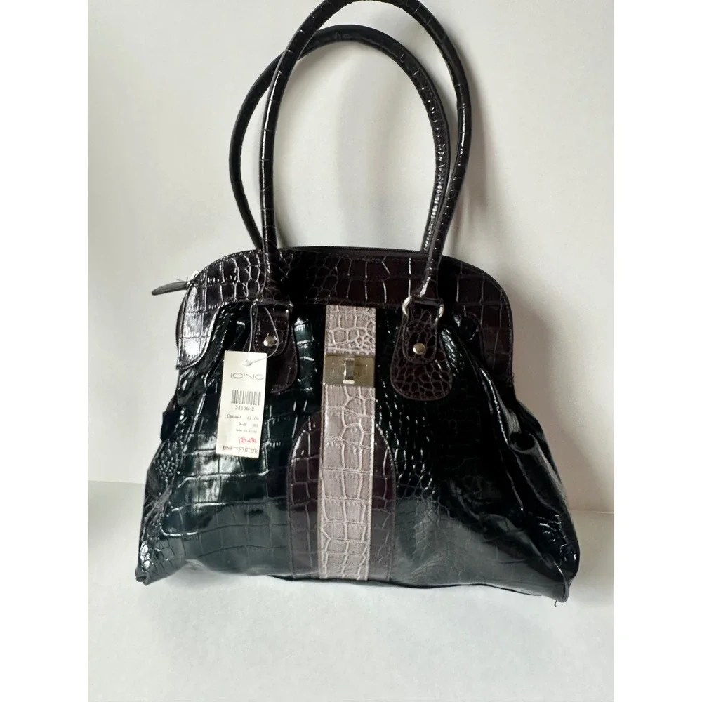 Icing Womens Faux Croc Embossed Satchel Handbag Black Burgundy Grey 34136-2 NWT